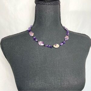 Vintage 70s Era Handmade Amethyst Gemstone Necklace Purple Cabochon & Chip Beads